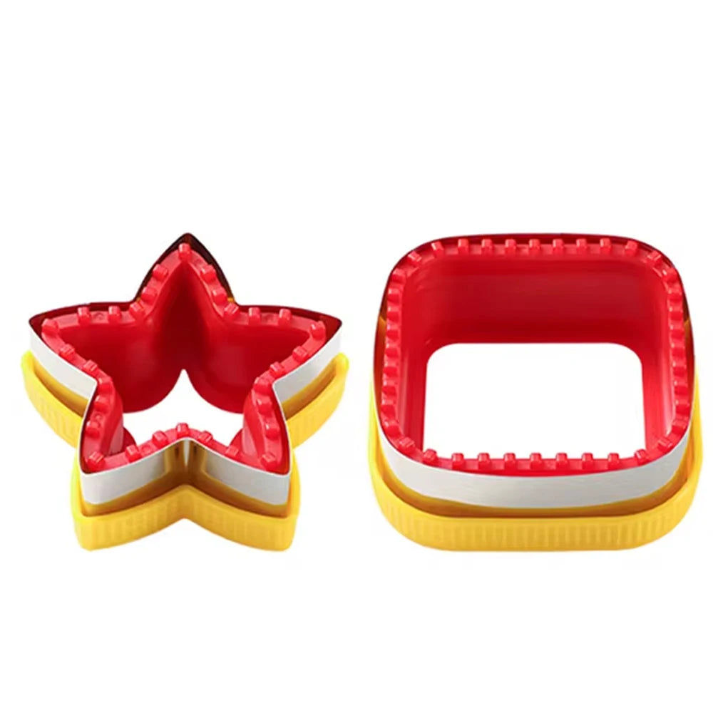A set of geometric sandwich cutters and sealers in red, white, and yellow plastic.
