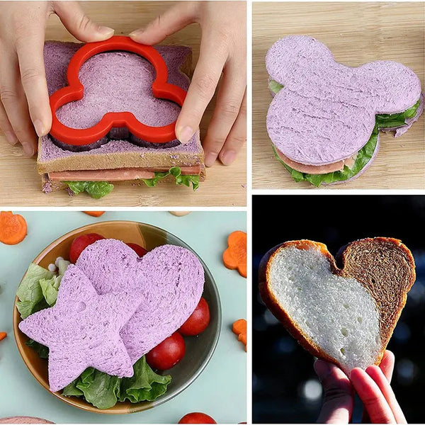Hands use a pink stainless steel sandwich cutter to cut a sandwich into a heart shape.