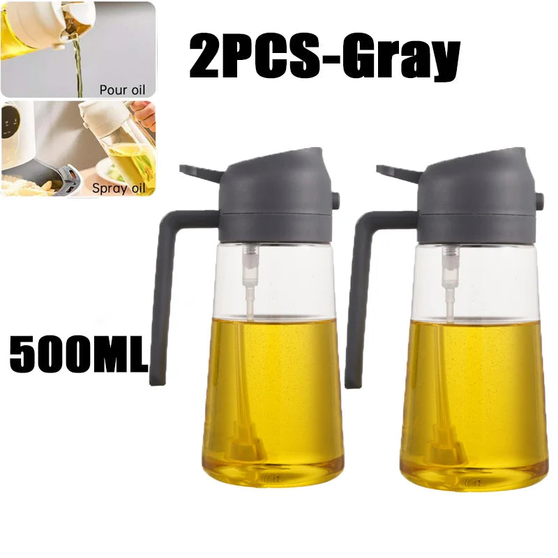 Two gray glass oil spray bottles, 500ml each, shown with oil and spray oil.