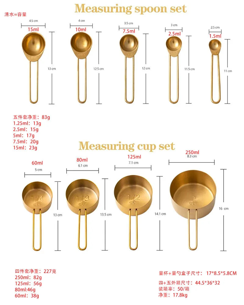Stainless steel measuring spoon and cup set with various sizes and markings