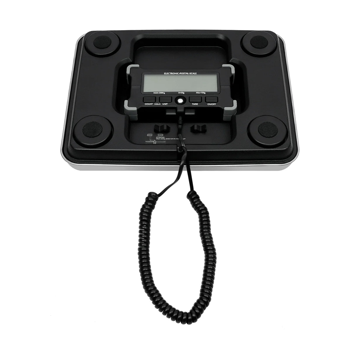 A black high-accuracy digital shipping scale with a display and power switch, featuring a black cord.