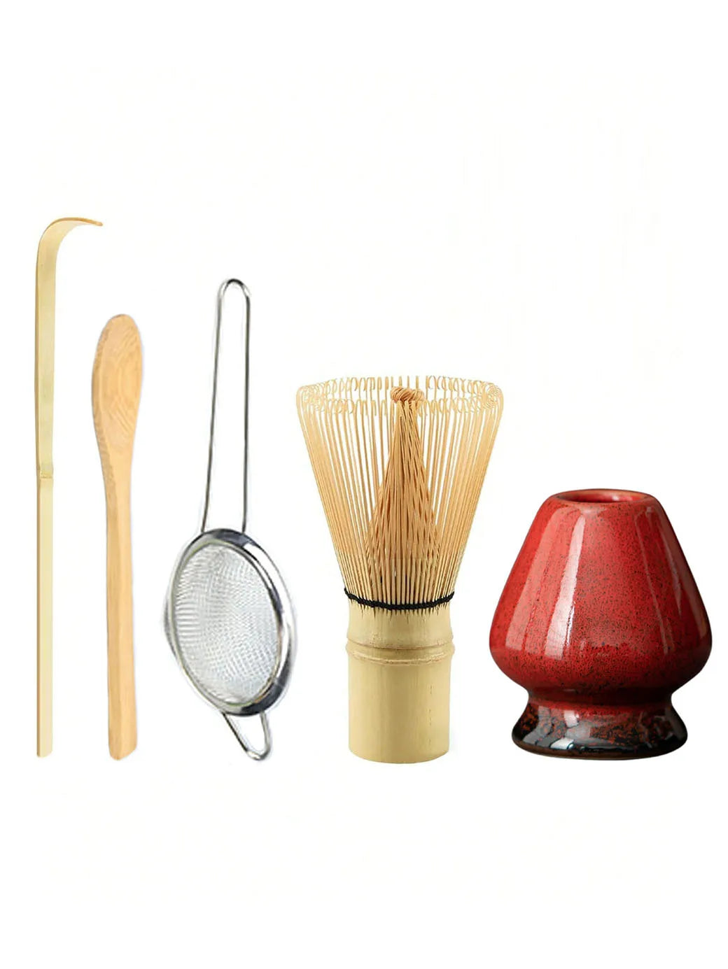 A set of natural bamboo tea tools including a spoon, a strainer, and a reddish-brown ceramic bowl.