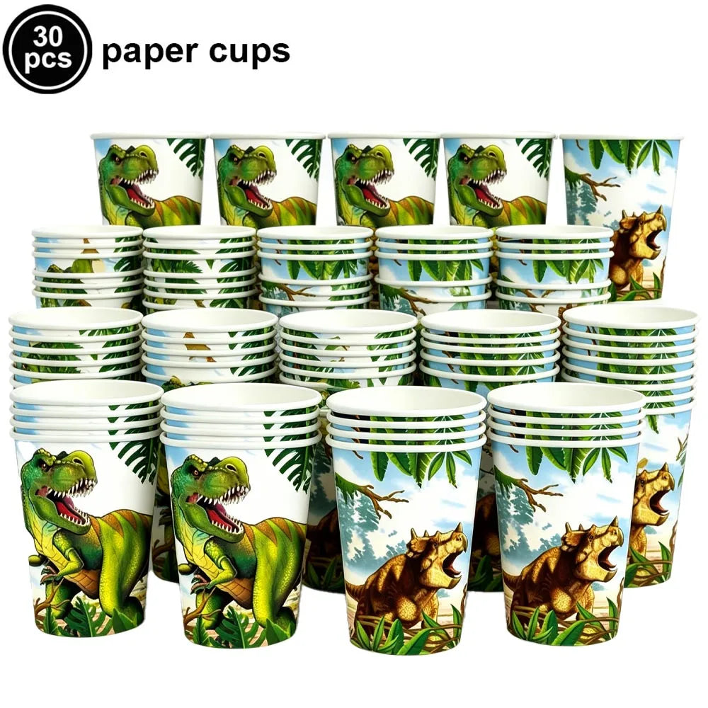 A set of 30 paper cups featuring dinosaur designs, including various green dinosaurs and tigers.
