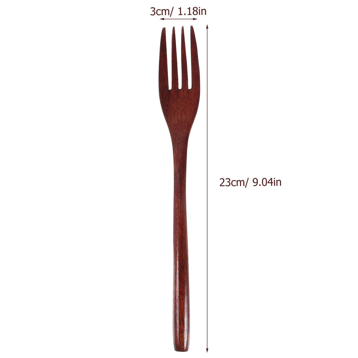 A wooden serving fork with four tines, showing its length of 23cm or 9.04in.