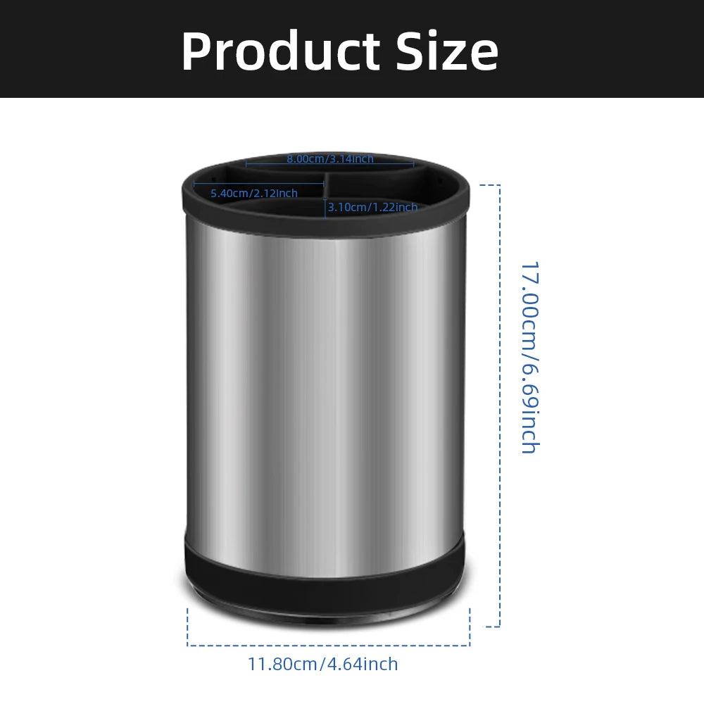 A cylindrical stainless steel utensil holder with a black base and silicone bottom.