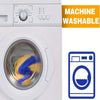 A white washing machine with a door open showing a yellow and blue cloth inside, next to a graphic indicating the machine is 