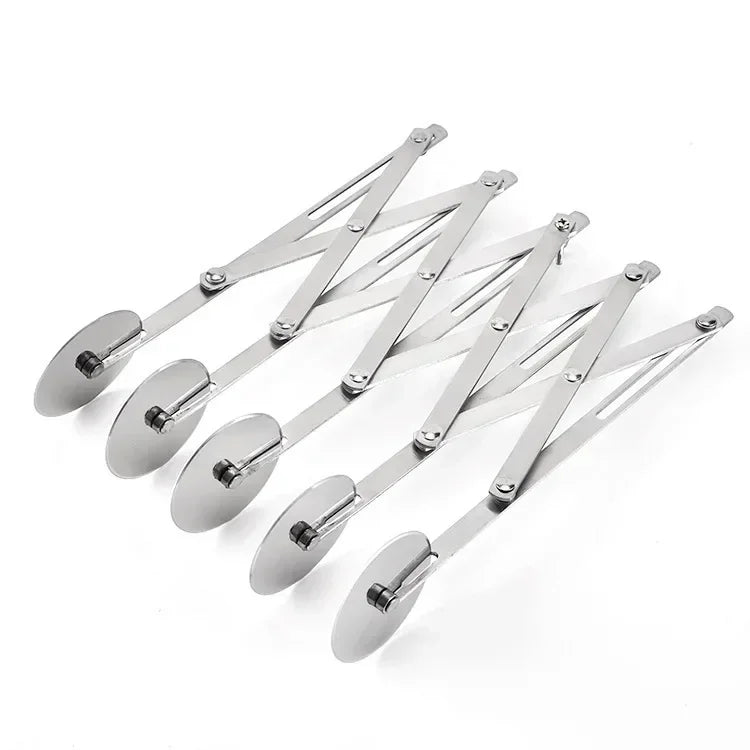 A set of silver multi-function dough cutters with long, thin blades arranged diagonally.