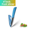 A blue fruit slicer knife with a ceramic blade and a handle, shown next to fresh vegetables.
