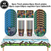 A set of dinosaur themed plates, cups, napkins, and a tablecloth for parties.