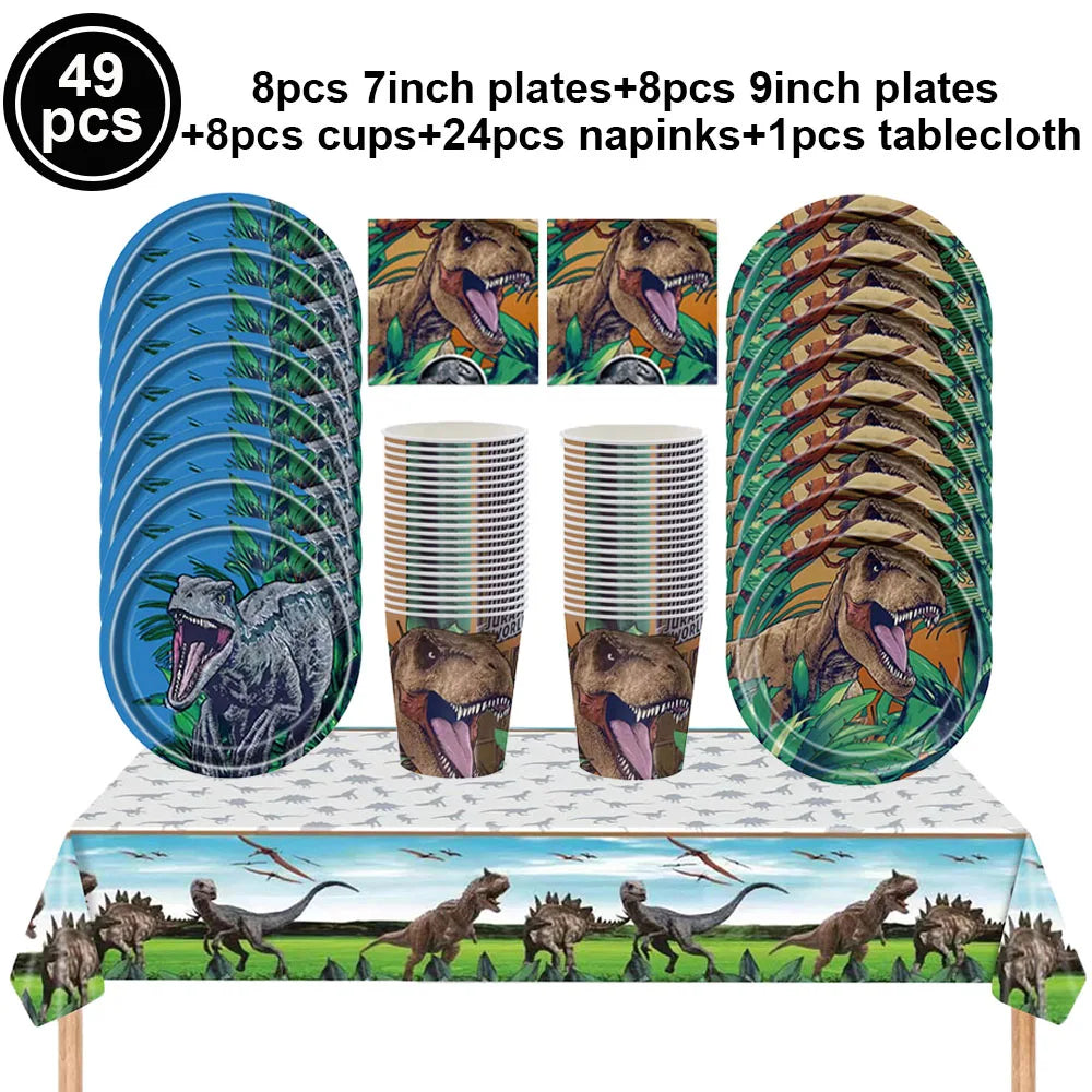 A set of dinosaur themed plates, cups, napkins, and a tablecloth for parties.