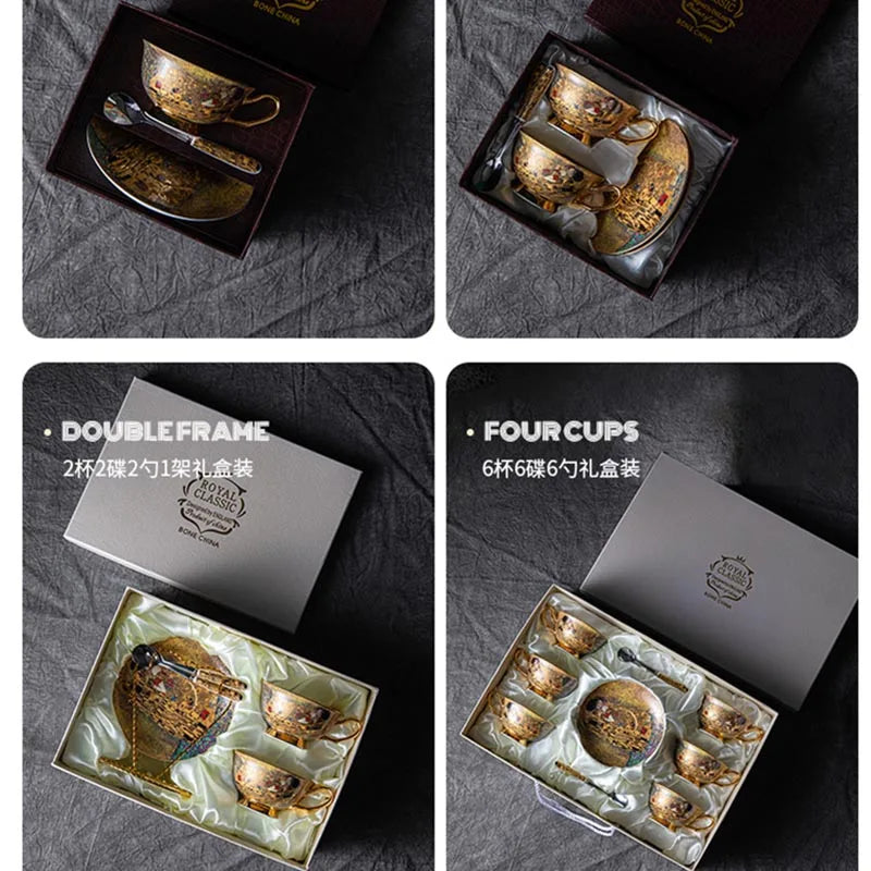 A luxury bone china tea set featuring ceramic cups, saucers, and a matching teapot presented in dark wooden and rectangular t