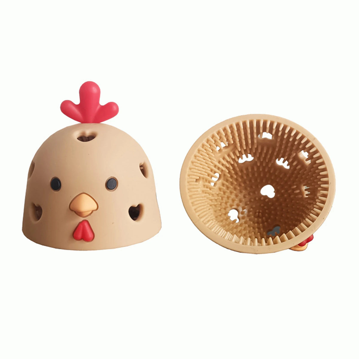 A silicone egg cleaning brush shaped like a bird, used for poultry and produce.