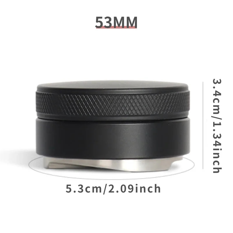 A black precision espresso distribution tool with a 53mm top and a 5.3cm base.