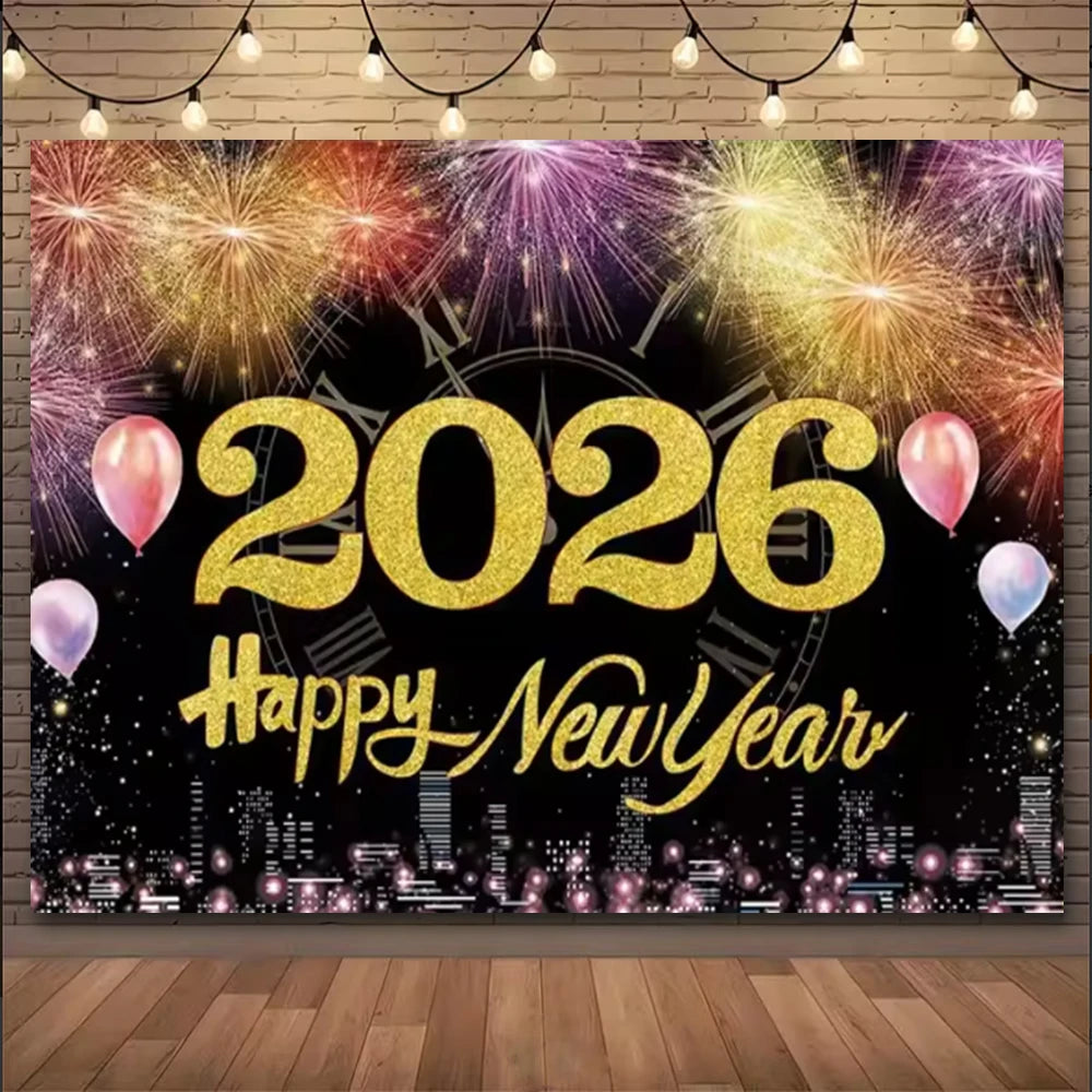 A festive banner featuring gold fireworks and the text 2026 Happy New Year against a dark background.