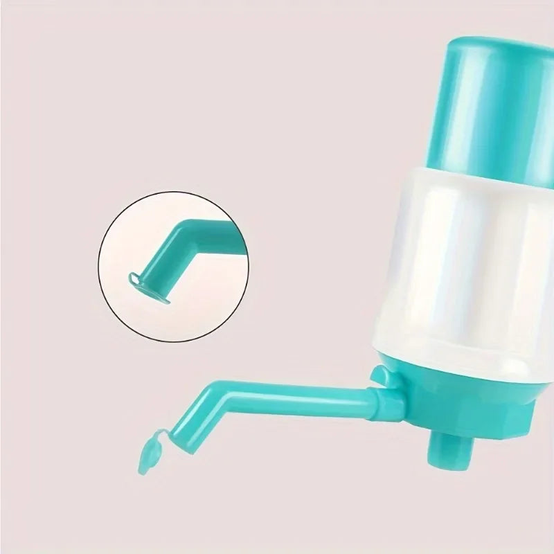A teal manual bucket water pump dispenser with a flexible tube and a circular inset showing the pump mechanism.
