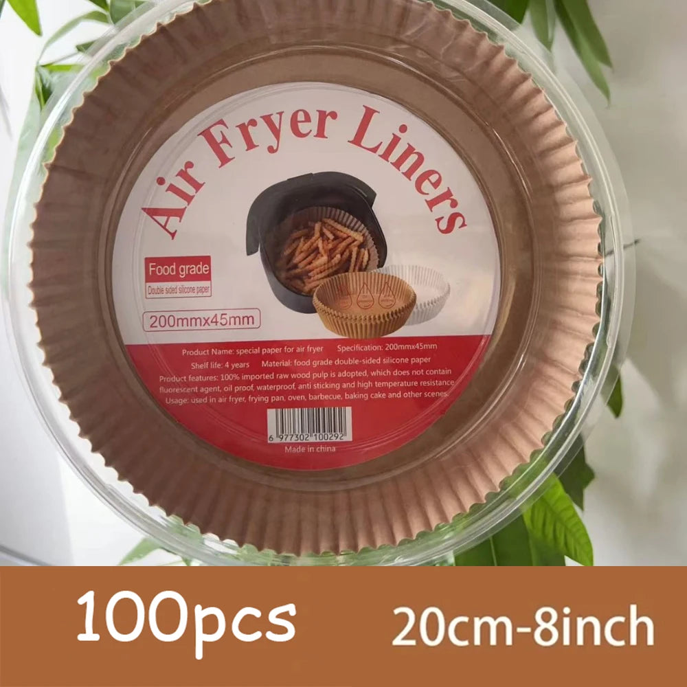 A package of 100 disposable silicone paper liners for air fryers, measuring 20cm-8inch.