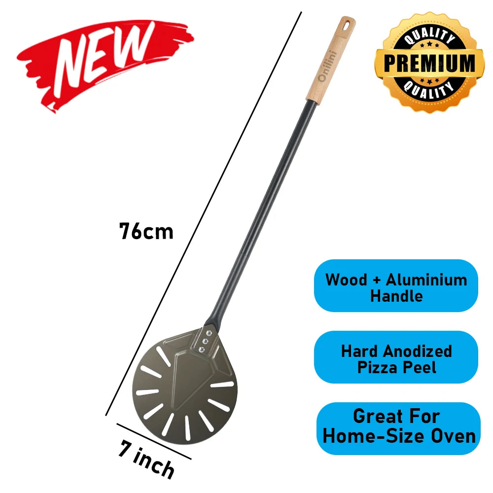Una nueva pala giratoria ajustable para pizza con mango de madera y aluminio, y una pala de pizza anodizada dura para hornos 