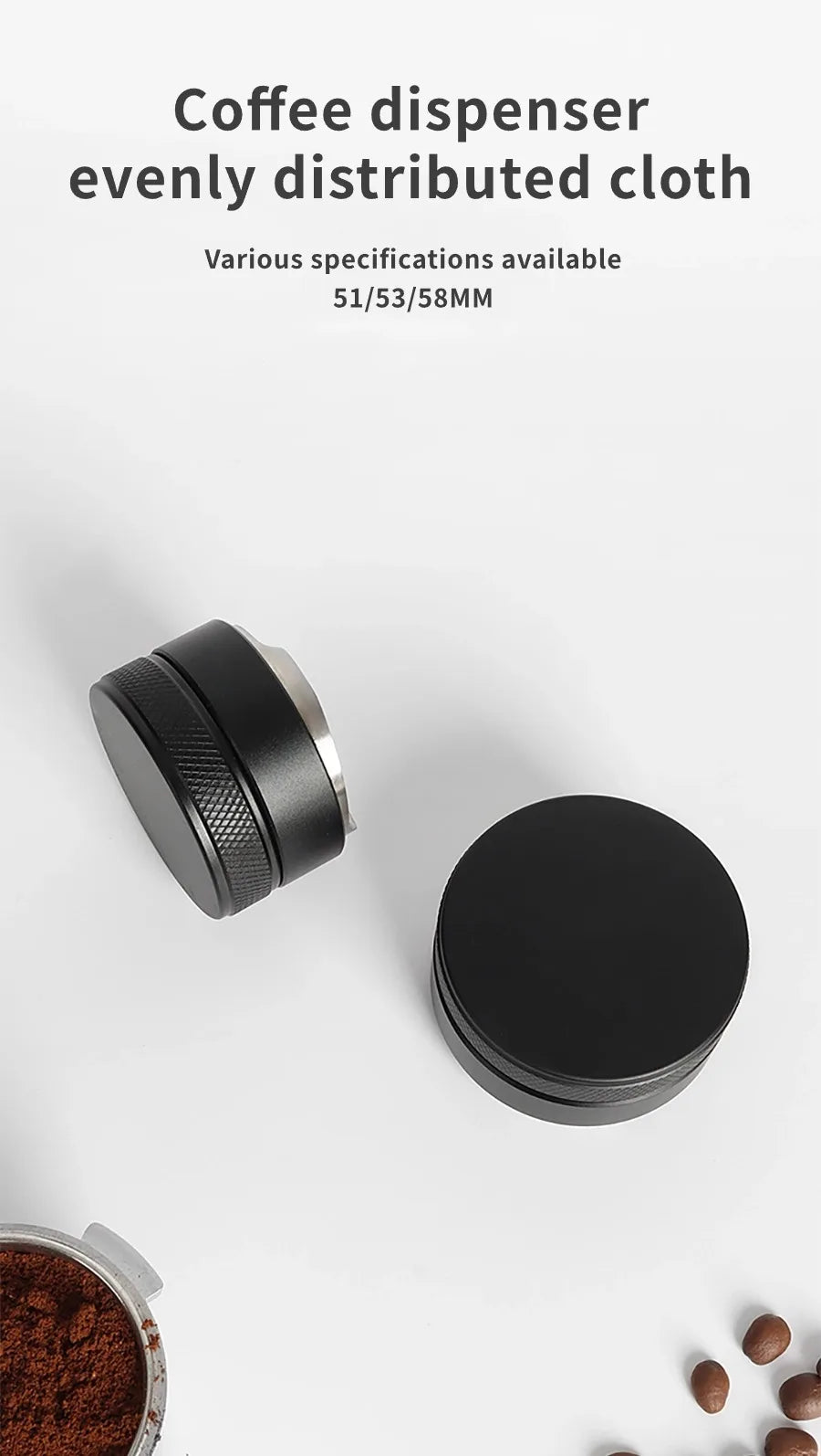 A black coffee dispenser tool with a textured top is shown next to a black lid on a white background.