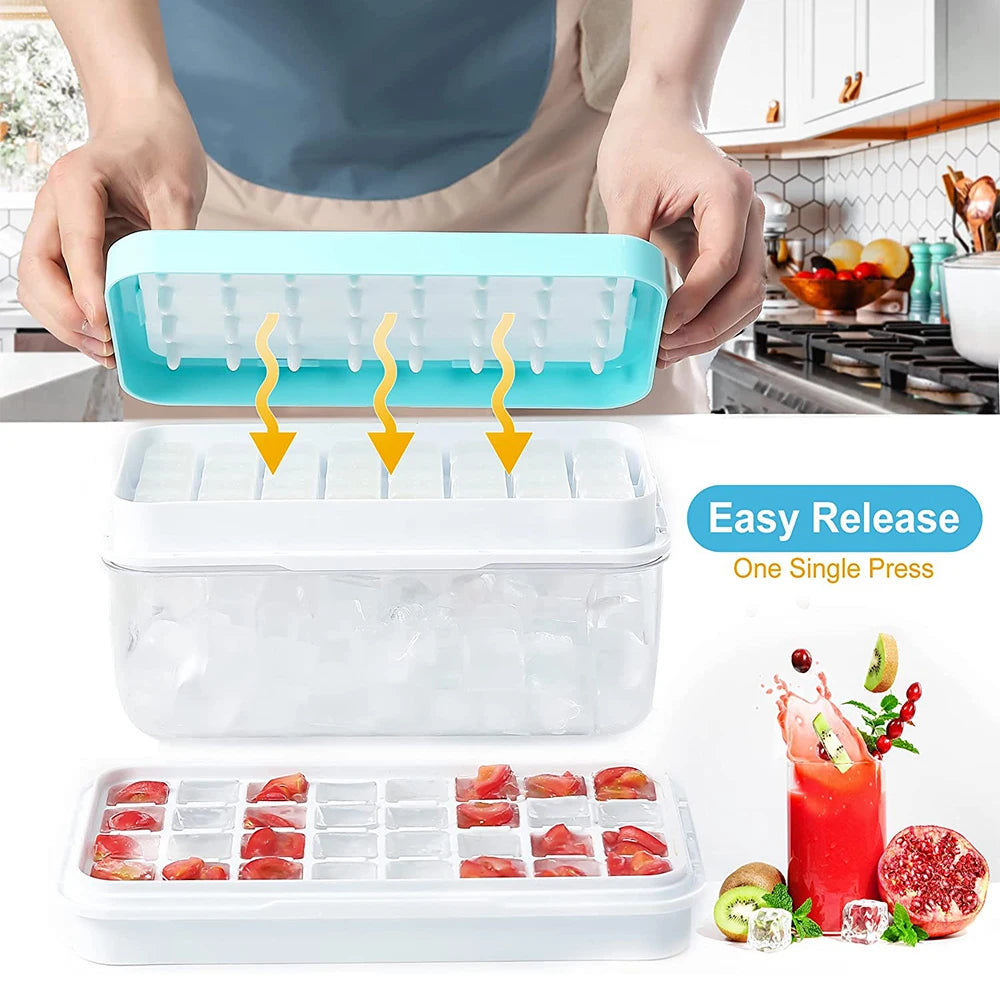 A stackable silicone ice cube tray set with a storage bin showing various colored ice cubes and a blue silicone mold.