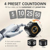 A white countdown timer device with four preset countdown settings shown alongside its operation instructions.