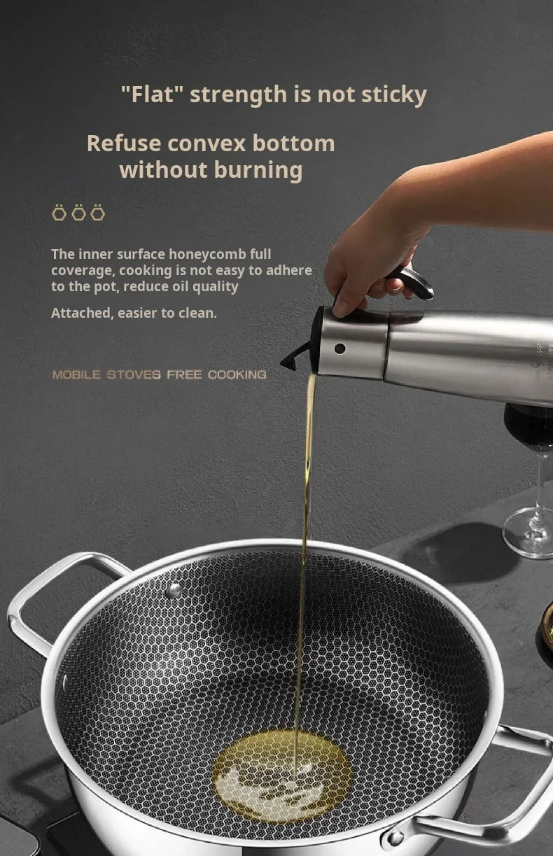 A hand pours golden honey from a silver mobile stove into a metal pot with a honeycomb interior.