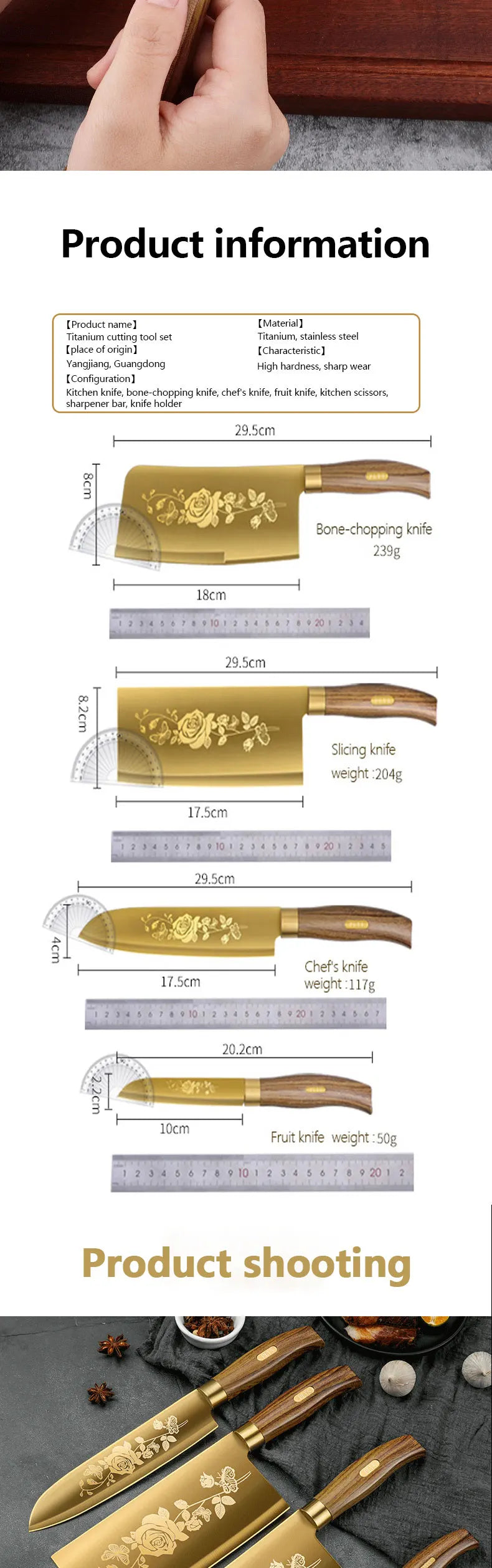 A set of four golden rose stainless steel chef knives and a fruit knife displayed on a dark surface.