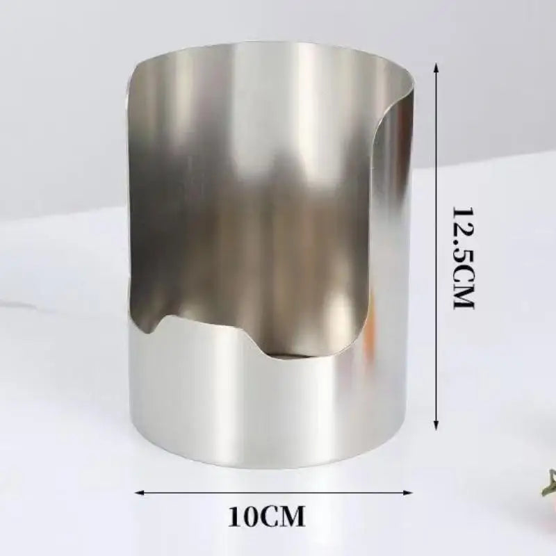 A cylindrical stainless steel organizer rack with a tapered opening and a flat base.
