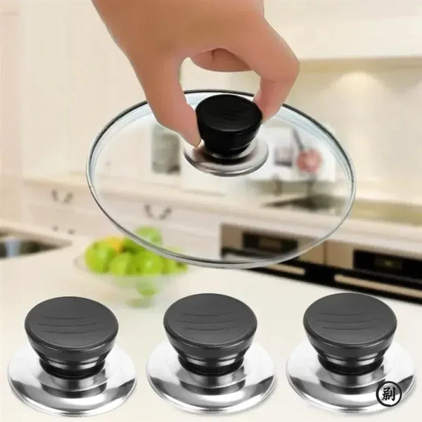 A hand is shown placing a black pot lid knob handle onto a clear glass lid, with three similar handles displayed below.