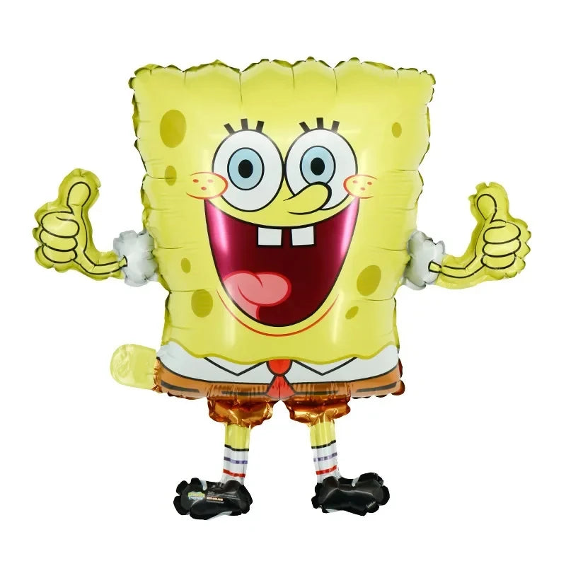 A yellow SpongeBob character balloon with large eyes and a wide open mouth, wearing a shirt and pants.
