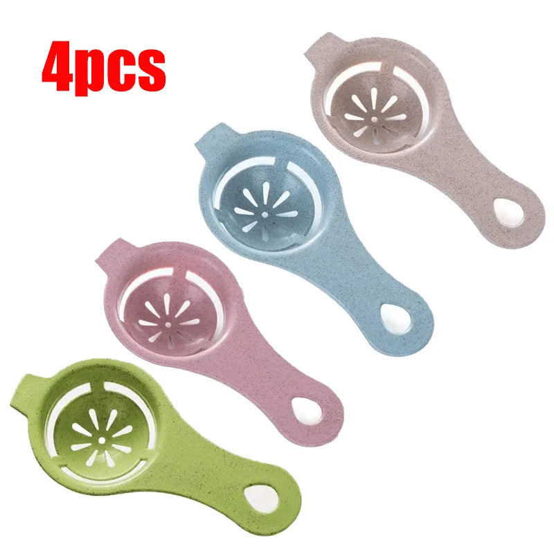 A set of four multi-piece silicone egg white and yolk separators in various pastel colors.