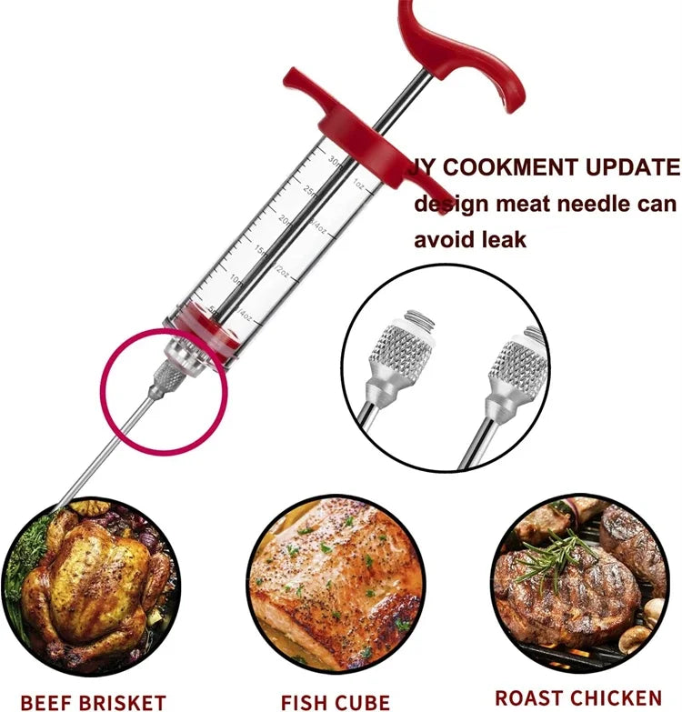A red meat needle injector kit with a syringe and various cuts of meat including beef brisket, fish cube, and roast chicken.