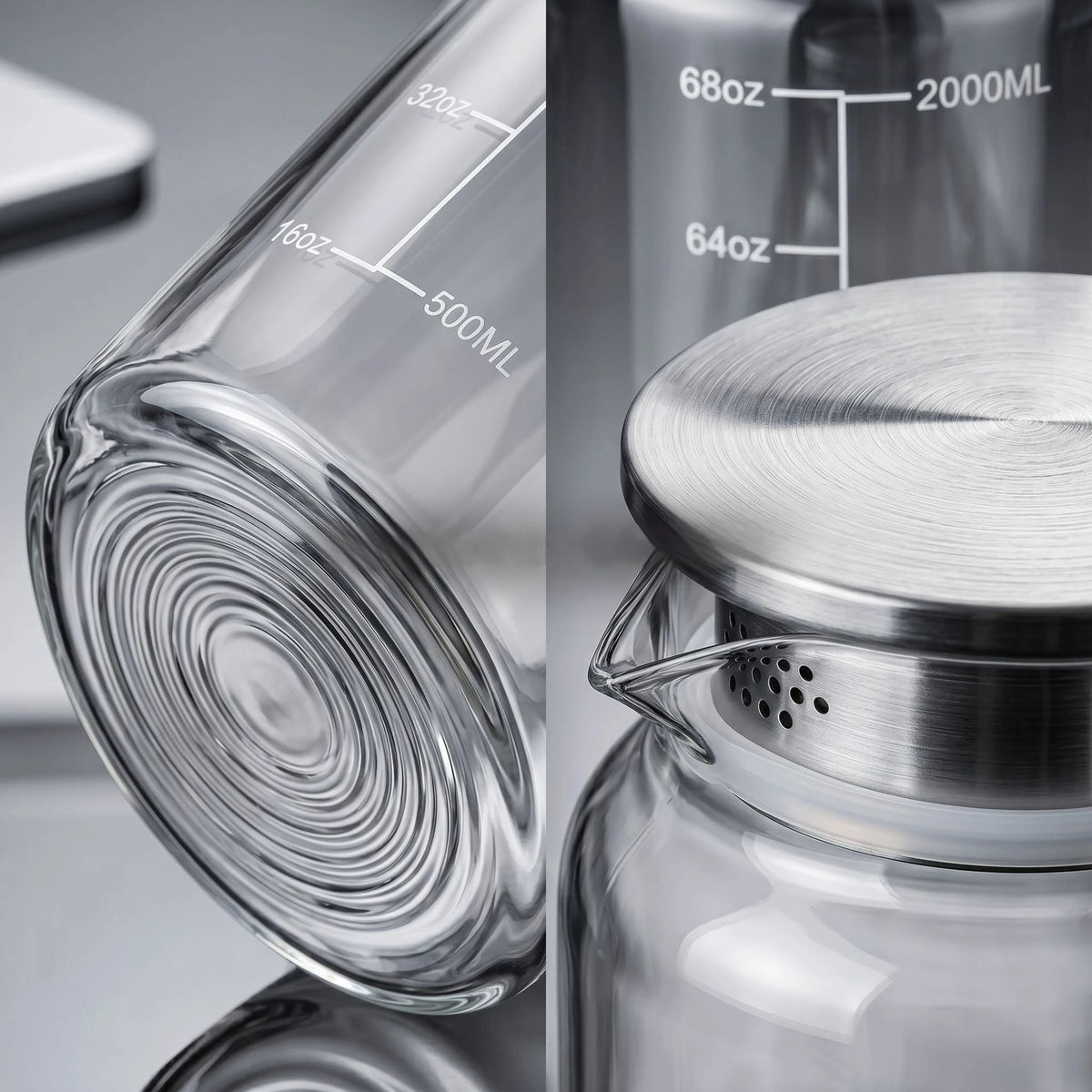 A clear glass water jug with measurement markings and a metal lid, shown in a close-up view.