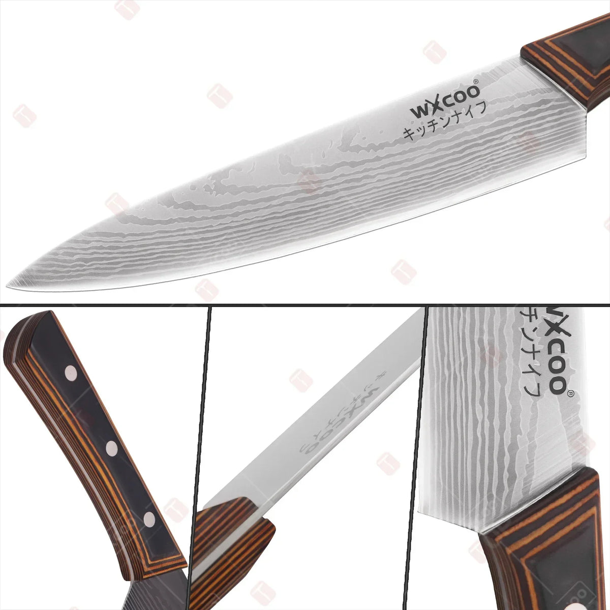 A close-up view of a silver kitchen knife with a textured blade and a dark wood handle.