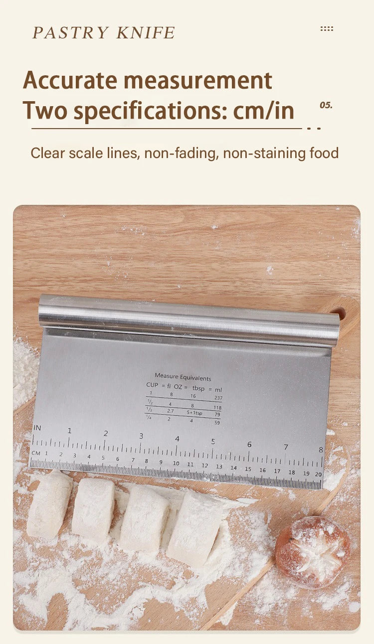 A pastry knife showing clear scale lines for accurate measurement on a wooden surface.