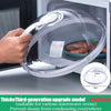 A clear plastic splash guard lid for a microwave oven is shown being placed on the interior of the appliance.