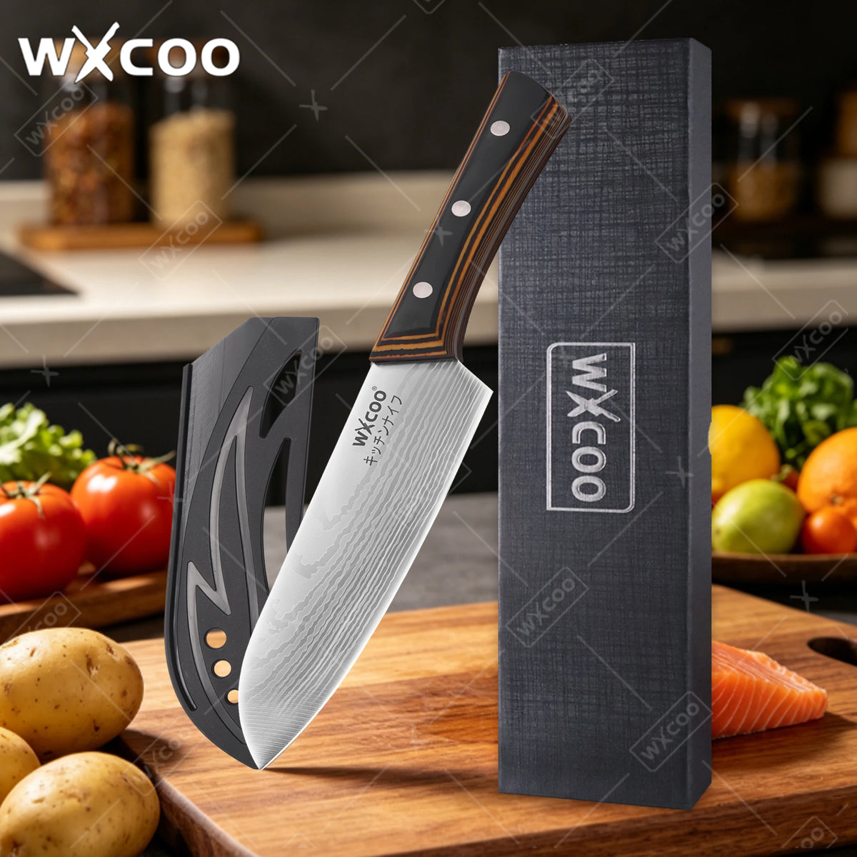 A silver Japanese santoku chef knife with a wooden handle is displayed next to its dark gray sheath on a wooden cutting board