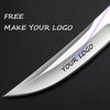 A close-up view of a silver fixed blade knife with the text Your Logo engraved on the blade.