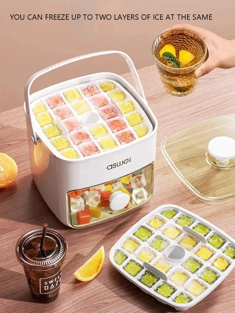 A white double-layer ice cube maker is shown with various colored ice cubes and a glass of iced tea.