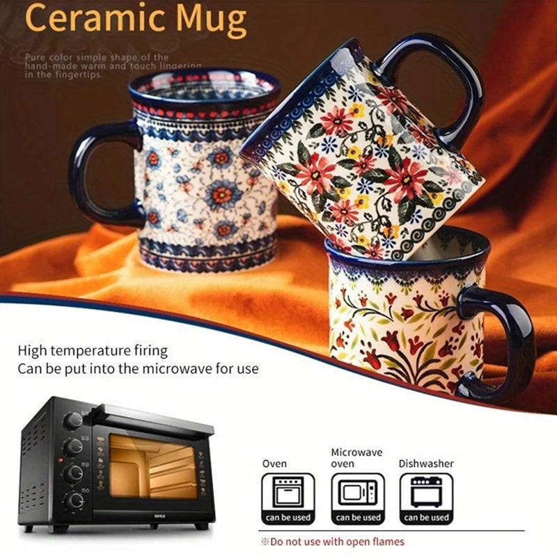 A ceramic mug with a bohemian floral pattern is shown next to a microwave oven and dishwasher.