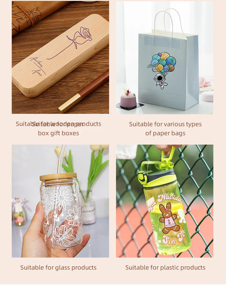 Various products including wooden gift boxes, paper bags, and glass and plastic items suitable for UV DTF transfer stickers