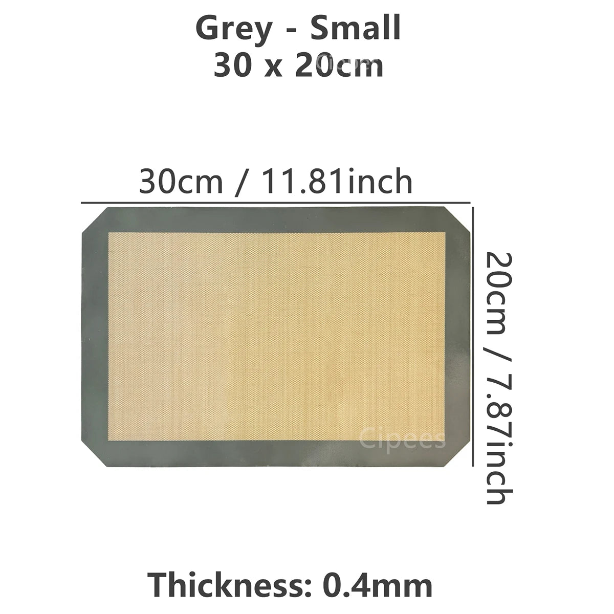 A grey silicone baking mat liner measuring 30cm by 20cm with a thickness of 0.4mm.