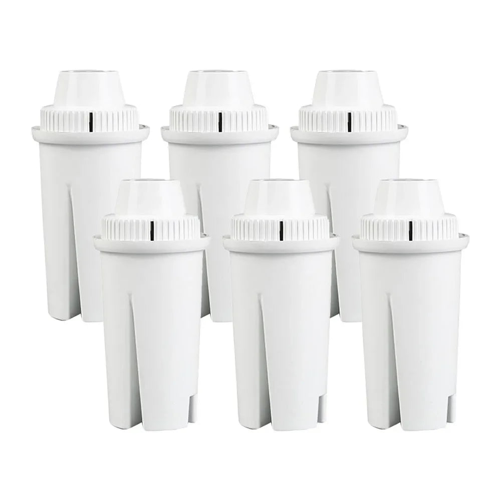 A set of five white replacement water filters for Brita pitchers and dispensers.