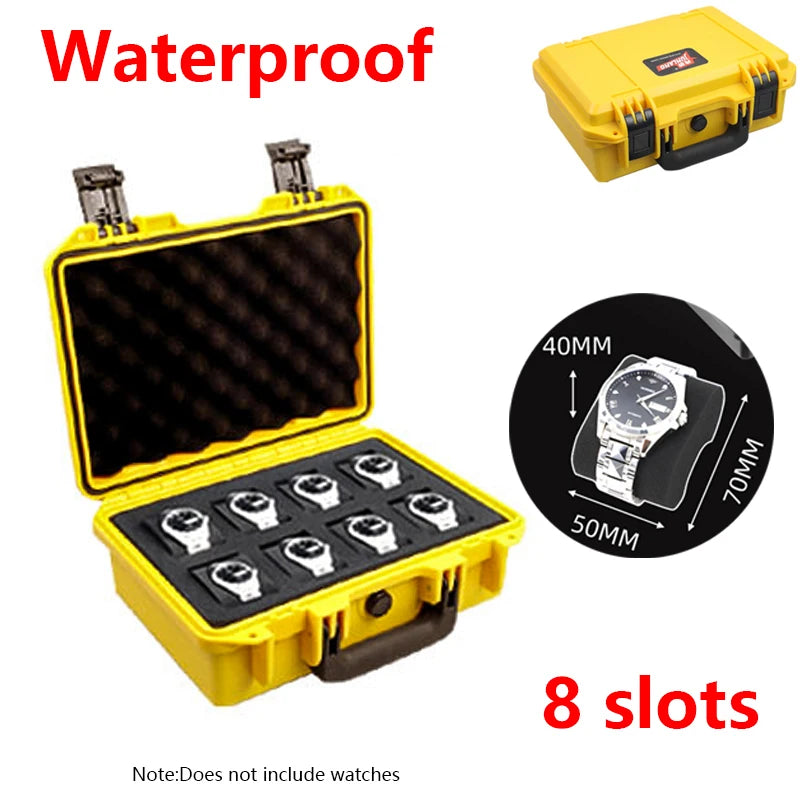 Yellow waterproof plastic watch storage case with an open lid and eight slots