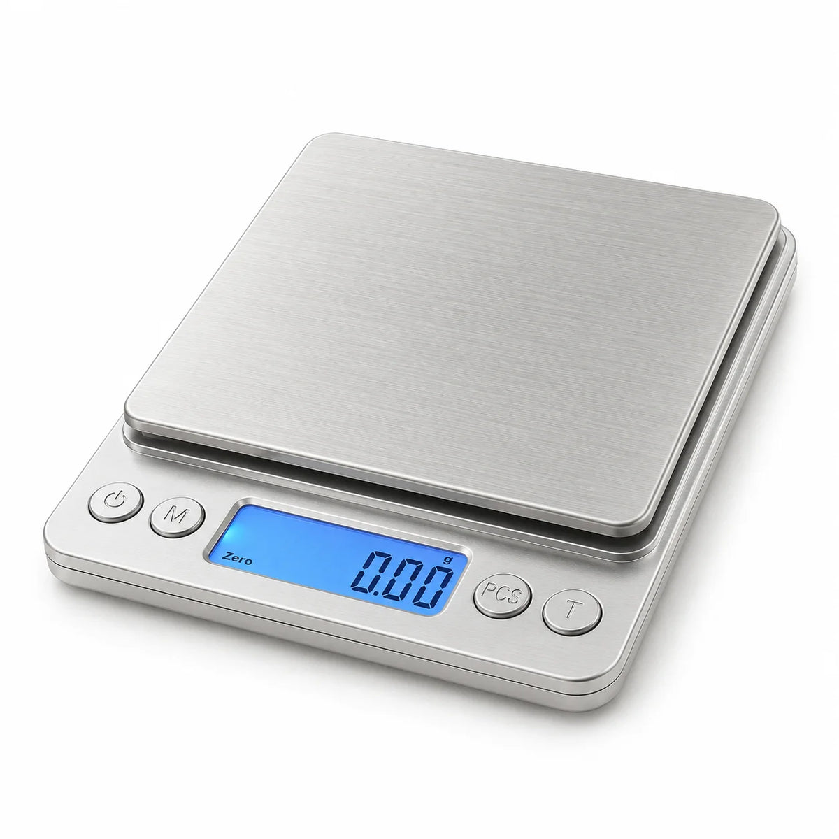 A silver digital kitchen scale with a flat weighing platform and a blue display showing 0.00 grams.