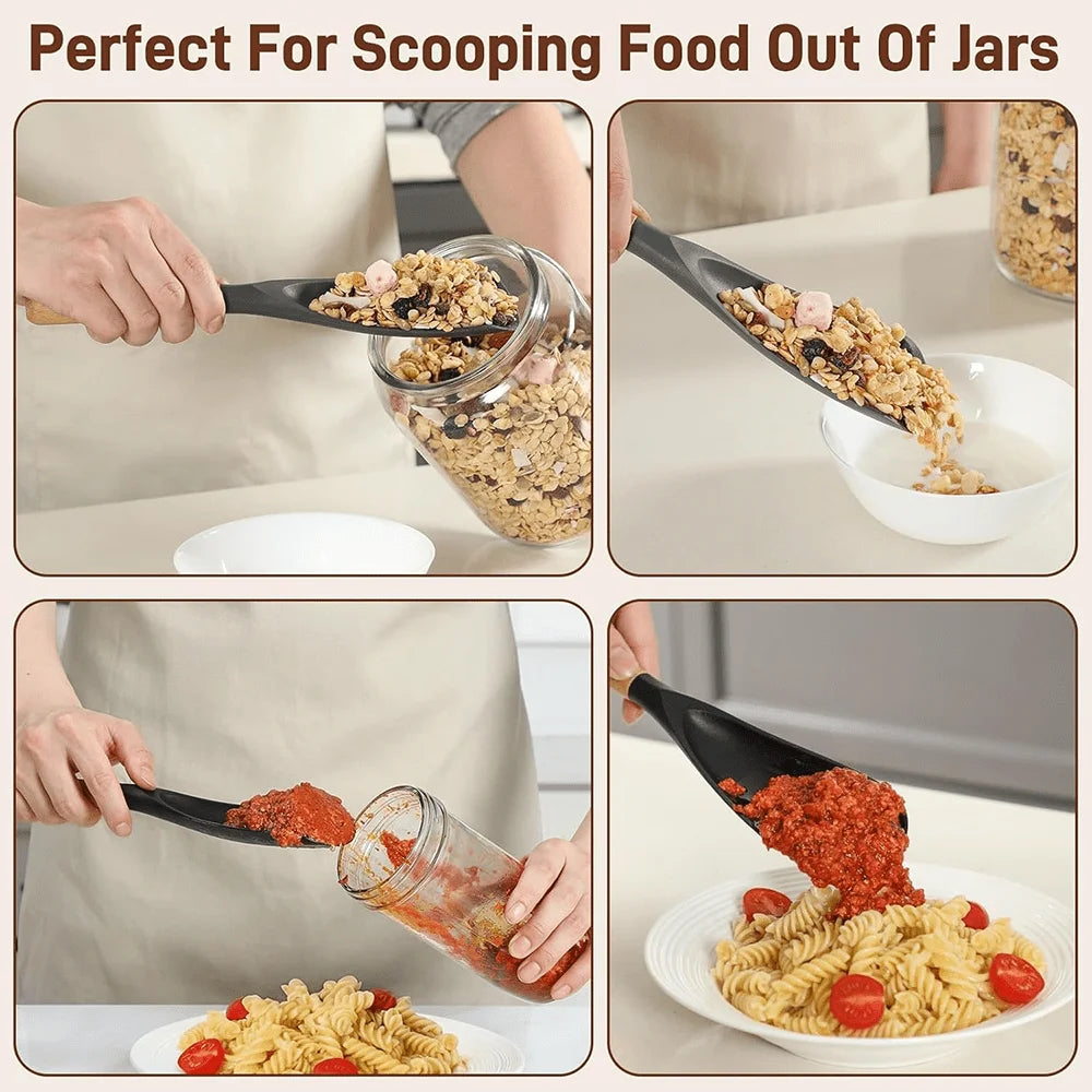A person scoops food out of a jar using a silicone cooking spoon and spatula with a wooden handle.