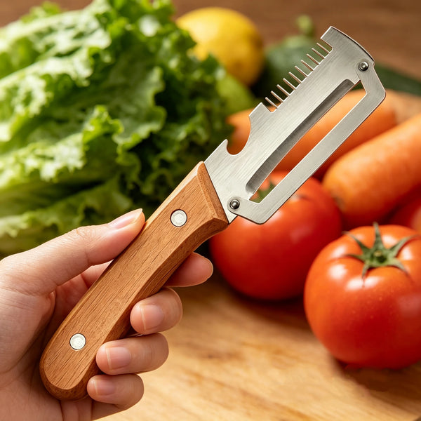 A hand holds an ergonomic wooden vegetable peeler with a stainless steel blade, positioned over fresh vegetables on a wooden 
