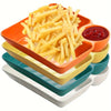 A set of sturdy serving plates for appetizers and charcuterie featuring orange, yellow, and teal trays.
