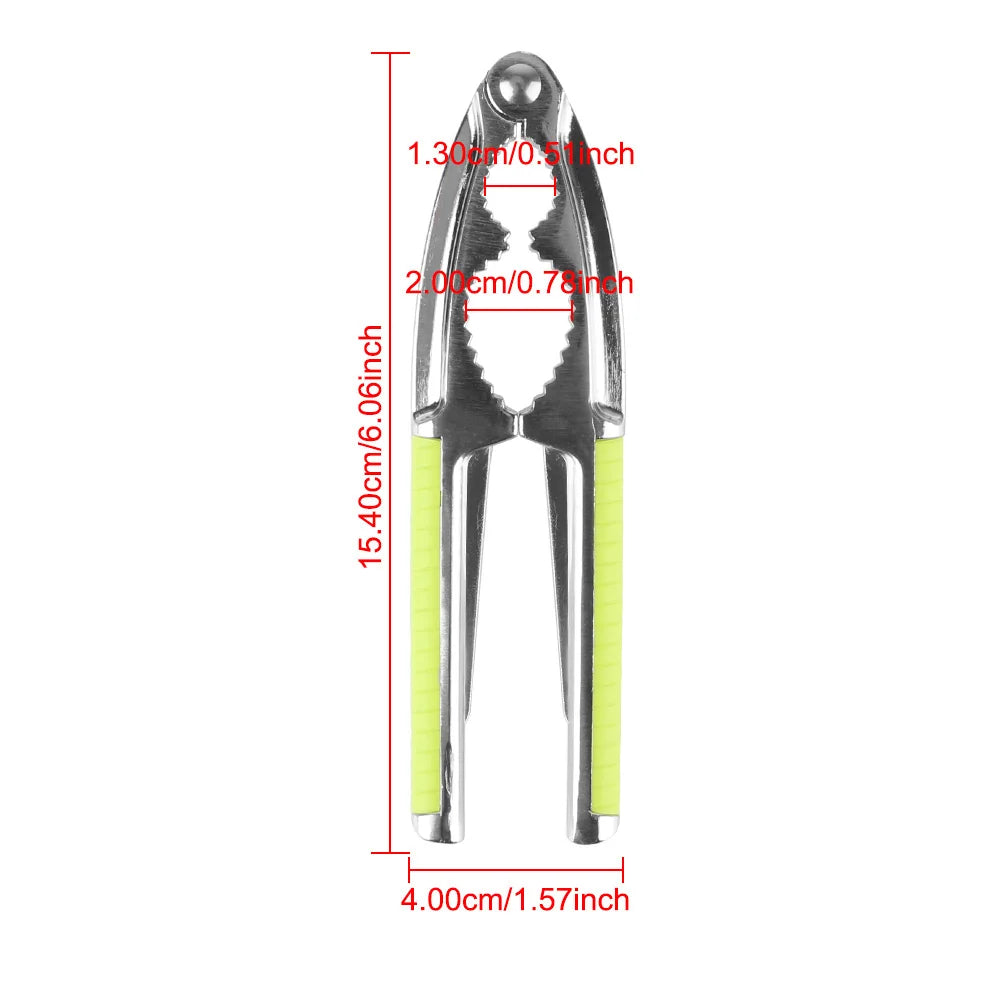 Stainless steel nut cracker tool with measurements showing its size and shape.