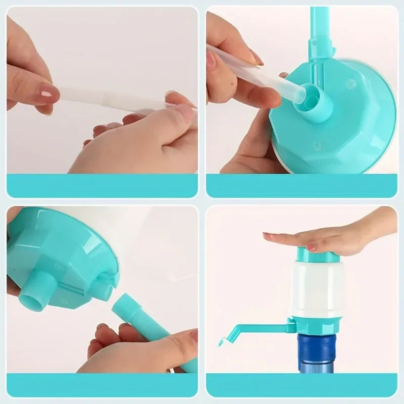 Close-up shots show hands using a manual bucket water pump dispenser in various orientations and contexts.