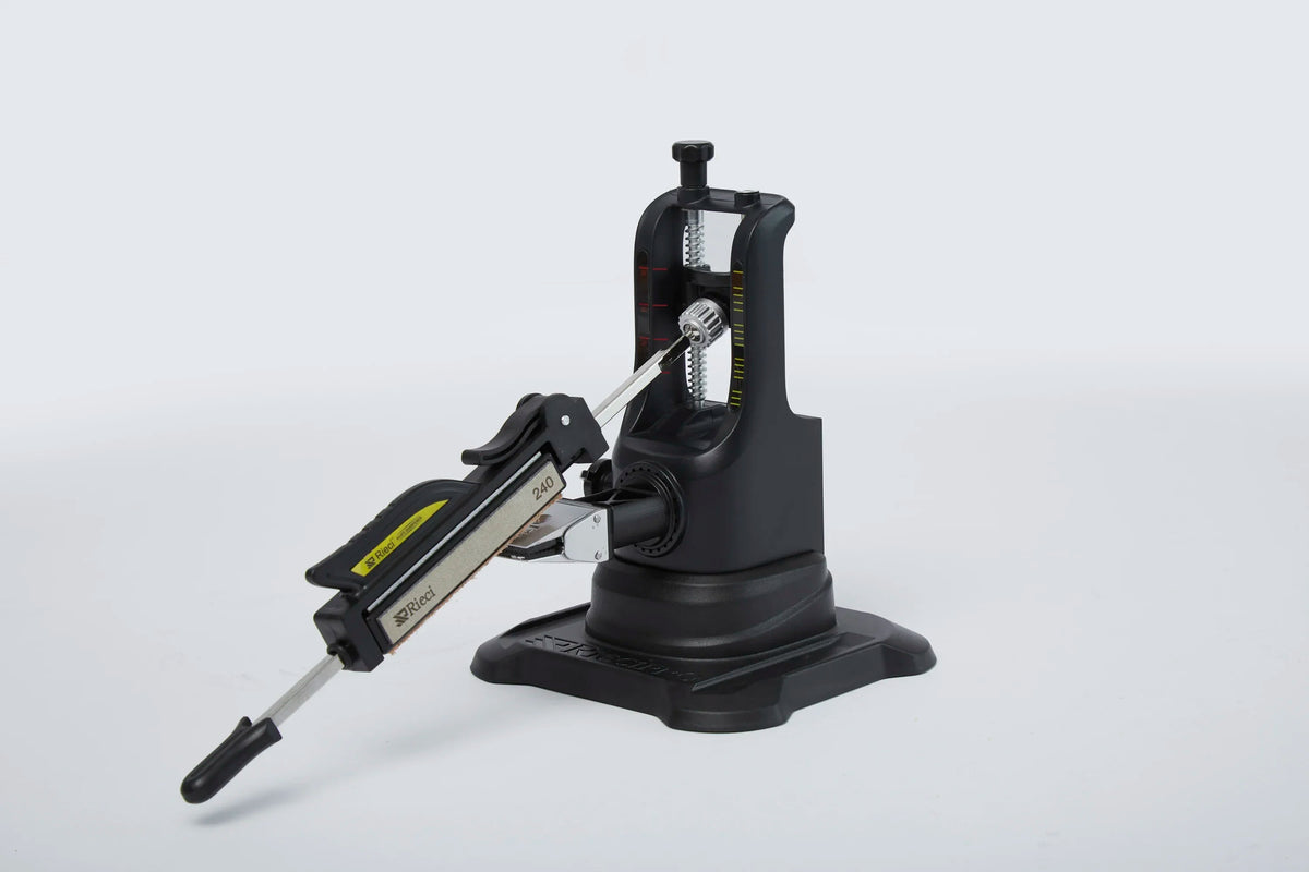 A black professional diamond knife sharpener set with a visible sharpening mechanism.